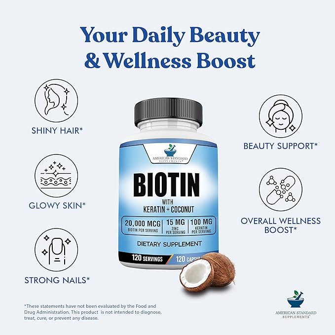 American Standard Supplements Biotin 20,000mcg with Keratin, Coconut Powder and Zinc, Biotin Supplement for Women and Men,120 Veggie Capsules, 120 Day Supply
