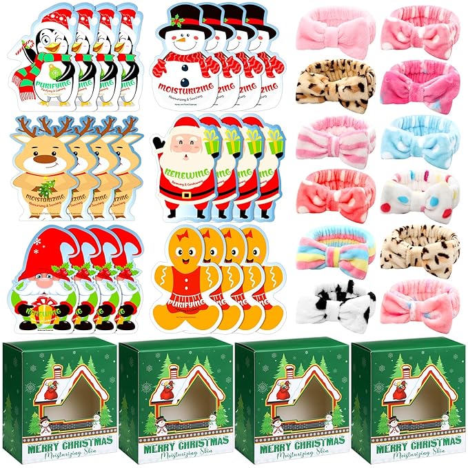 Timgle 52 Pcs Christmas Stocking Stuffers Facial Masks with Bow Headband Gift Set Christmas Fragrance Face Masks Skincare Gift Xmas Holiday Sheet Masks Spa Gifts Bulk for Adults Spa Day Party Night