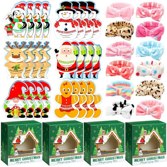 Timgle 52 Pcs Christmas Stocking Stuffers Facial Masks with Bow Headband Gift Set Christmas Fragrance Face Masks Skincare Gift Xmas Holiday Sheet Masks Spa Gifts Bulk for Adults Spa Day Party Night