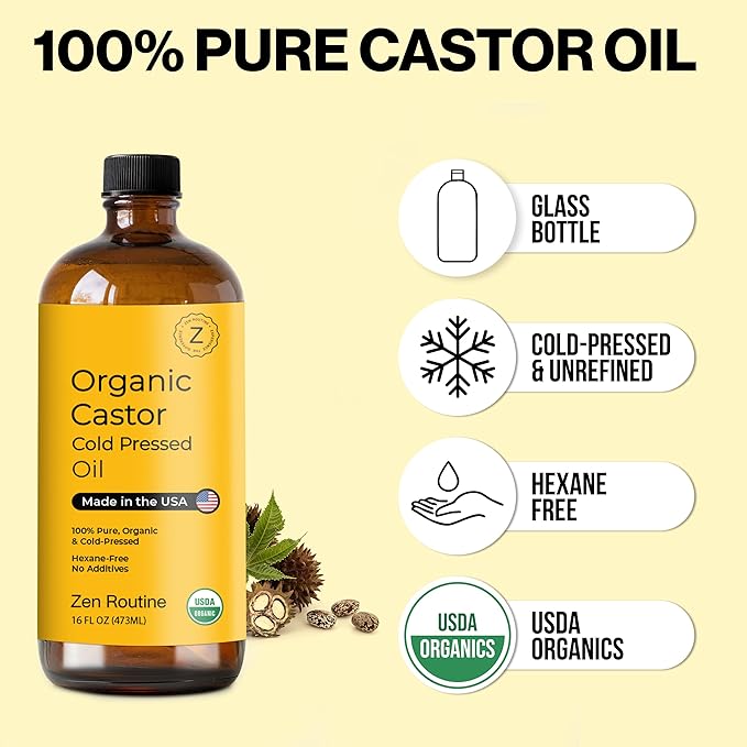 Zen Routine Organic Castor Oil 32oz Cold Pressed Unrefined Glass Bottle – Aceite de Ricino Hair Growth Oil for Hair, Lashes & Castor Oil Packs – USDA Certified, Made in USA