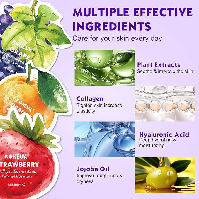 18 Pack Fruit Shaped Face Masks Skincare, Collagen Hydrating and Moisturizing Sheet Face Mask Skin Care, Bulk Christmas Gifts, Spa Party Gifts and Stocking Stuffers for Women