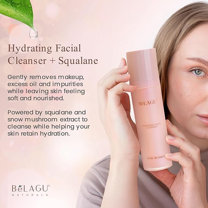 BeLAGU Hydrating Facial Cleanser with Squalane - Gentle Water Based Cleanser and Face Wash for Sensitive Dry or Oily Skin - Natural Daily Cleansing to Hydrate and Calm Clean Balanced Skin - 4.1 fl oz