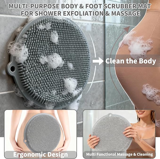 2 Pack Shower Foot Scrubber & Shower Back Scrubber Wall Mounted with Delicate Brush,Gentle Exfoliation Silicone Foot Scrubber for Shower,Non-Slip Back Washer for Shower(Grey and Grey)