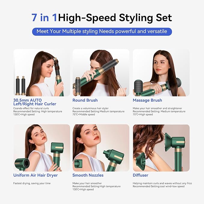Blow Dryer Brush 7 in One,Negative Ion Hair Set Upgrade Hot Air Brush Air Styler Curling Wrap Air Curler, Curling Iron Hair Styling Tools As A Gift for Straight/Curl/Drying/Smoothing