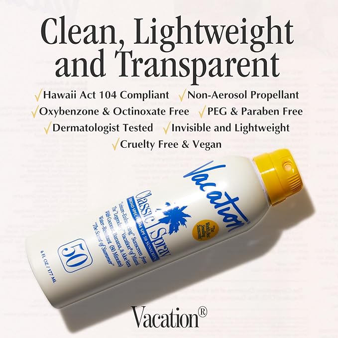 Vacation Classic Sunscreen Spray SPF 50, Water-Resistant, Lightweight, Transparent on All Skin Tones, Dermatologist-Tested, Vegan, 6 Fl. Oz. (Value Pack of 3)