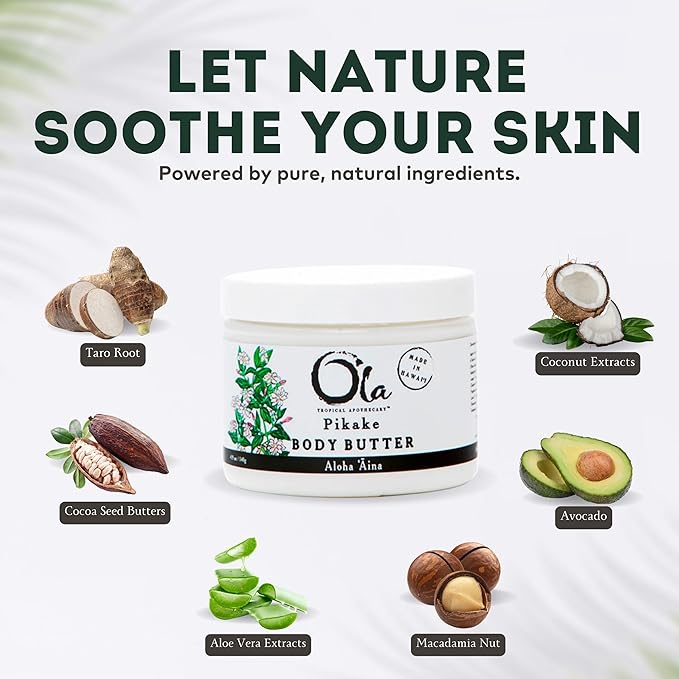 Pikake Body Butter - Nourishing Cream with Organic Coconut Oil, Macadamia Nut and Avocado Butter - Ideal for Dry Skin - 5.6oz