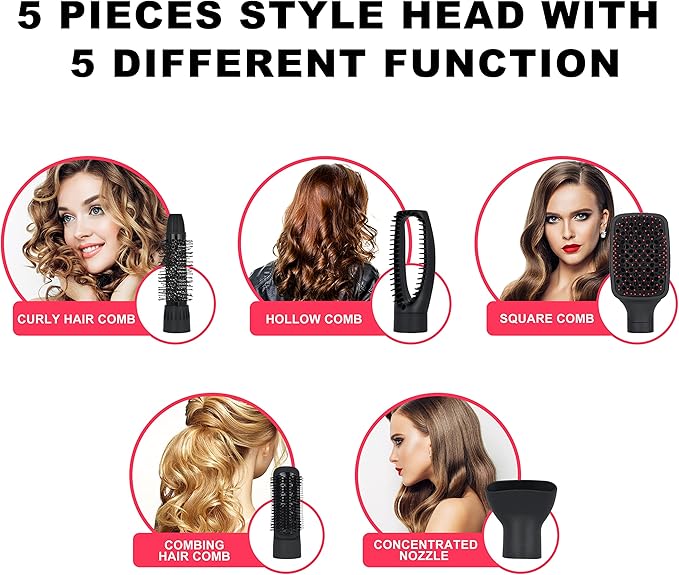 Hair Dryer Brush, Blow Dryer & Volumizer Styler Hot Air Brush, Negative Ionic Electric Hair Curler Straightener Brush, Detachable & Interchangeable Brush Head (Gray&Pink), BY-812
