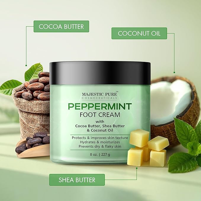 Majestic Pure Peppermint Foot Cream, Warming Cream - Calluses, Dry Cracked Feet, Hands, Heels, Elbow, Nails, and Knees - Softens & Moisturizes Skin - 8 oz