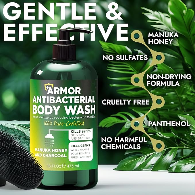Antibacterial Body Wash | Antifungal Soap for Men & Women | Kills 99.9% of Germs & Bacteria | Helps with Back Acne, Body Odor & Jock Itch | Manuka Honey & Charcoal | Includes Scrubber16 fl oz