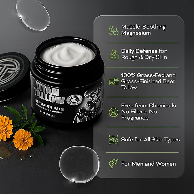 Beef Tallow for Skin, Face & Body Balm with Magnesium for Sleep, Leg Cramps & Pain, Muscle Relaxation, Moisturizing Topical Cream - Organic Grass-Fed & Grass-Finished Tallow, Manuka Honey Lotion