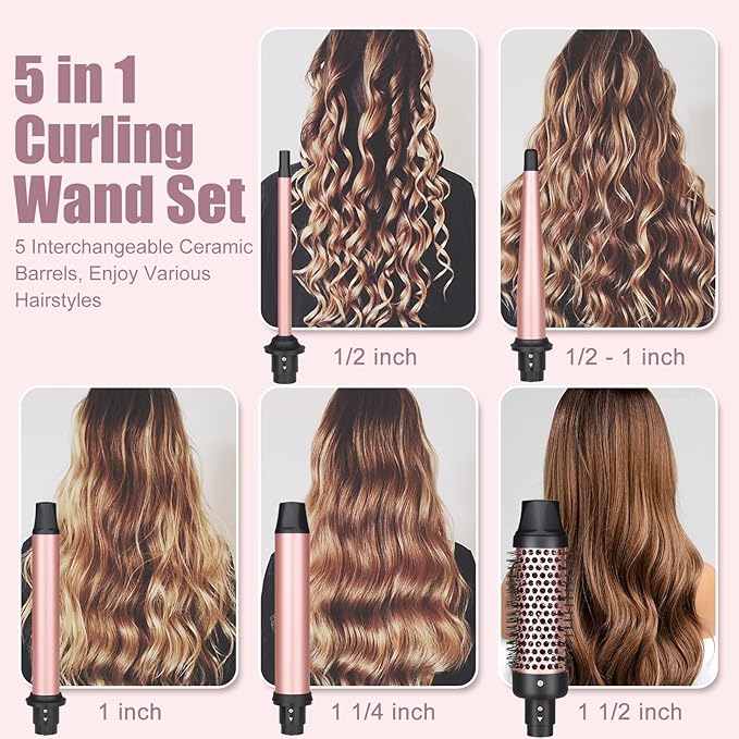 5 in 1 Curling Wand Set - SIQUER Curling Iron Set 1/2 to 1 1/4 Inch Beach Waves Wands 1 1/2 Inch Thermal Brush Fast Heating Up Hair Curlers for Women with Protective Gloves Clamps (Rose, Black)