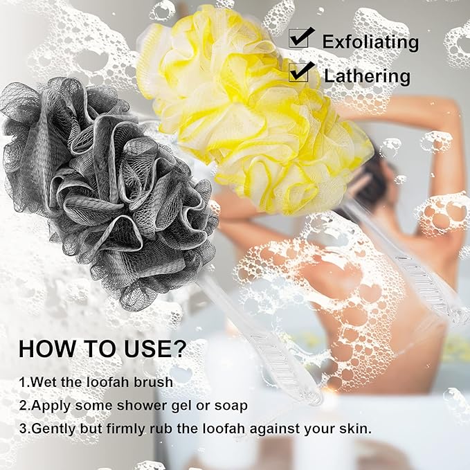 Black, Yellow & Gray Loofah - Mens & Womens Back Scrubber - 18 Inch Long - 2 Pack