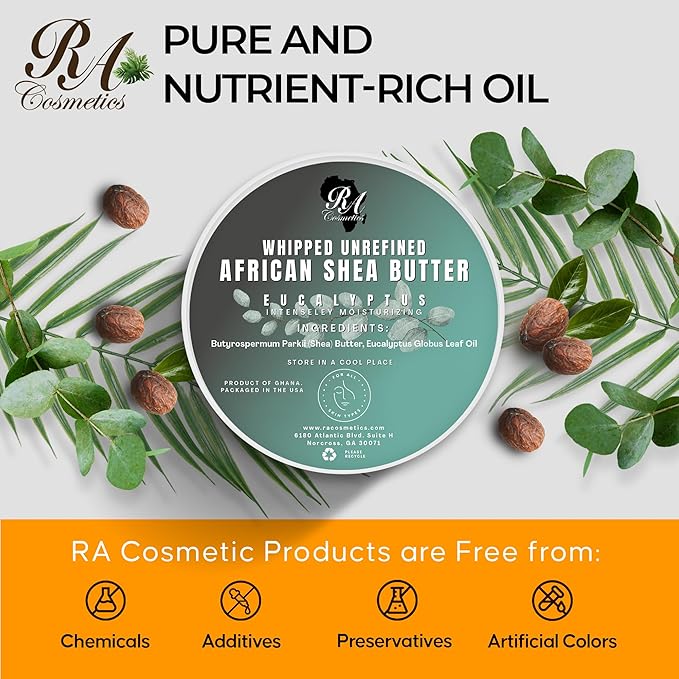 RA COSMETICS Whipped Shea Butter Eucalyptus – 12oz | 100% Pure and Natural African Shea Butter for Men & Women Ultimate Handcrafted Moisturizer with Essential Vitamins for Radiant Skin & Luscious Hai