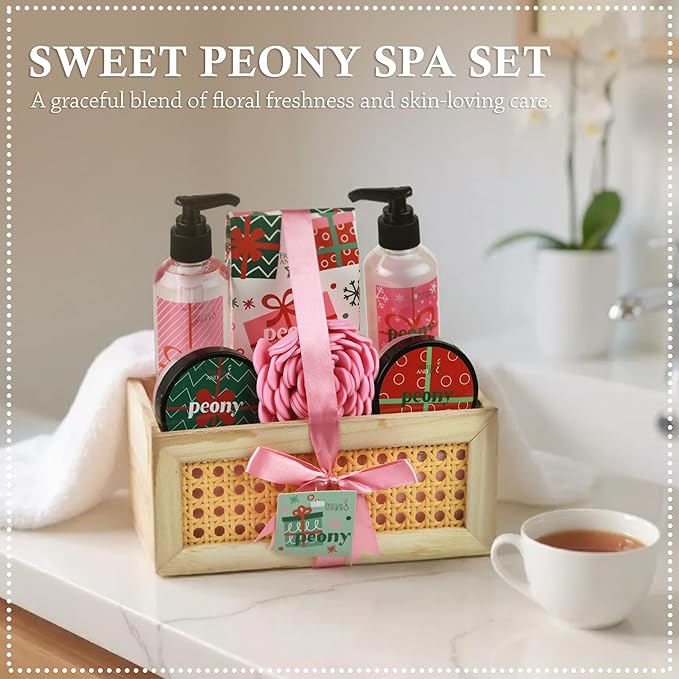 Freida & Joe Peony Spa Gift Set Bath & Body Gift Basket for Women & Men | Shower Gel, Body Lotion, Body Scrub, Bath Salt | Relaxing Self Care Gift