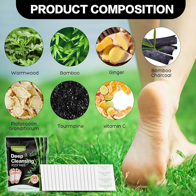 50 Pack Foot PadsNatural Ginger Wormwood Bamboo Vinegar Foot Care Patch for Better Sleep Set Relaxing For You Muscles Kit Message Deep Cleansing Ginger Oil & Bamboo Charcoal Premium