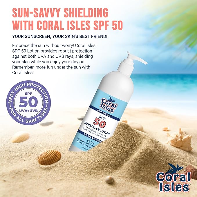 Coral Isles Sunscreen SPF 50 | Hawaii Compliant as Reef Safe | Octinoxate & Oxybenzone Free | Broad Spectrum UVA/UVB Protection | Water Resistant 80 Min. | Fragrance Free | 16 Fl Oz (Pack of 1))