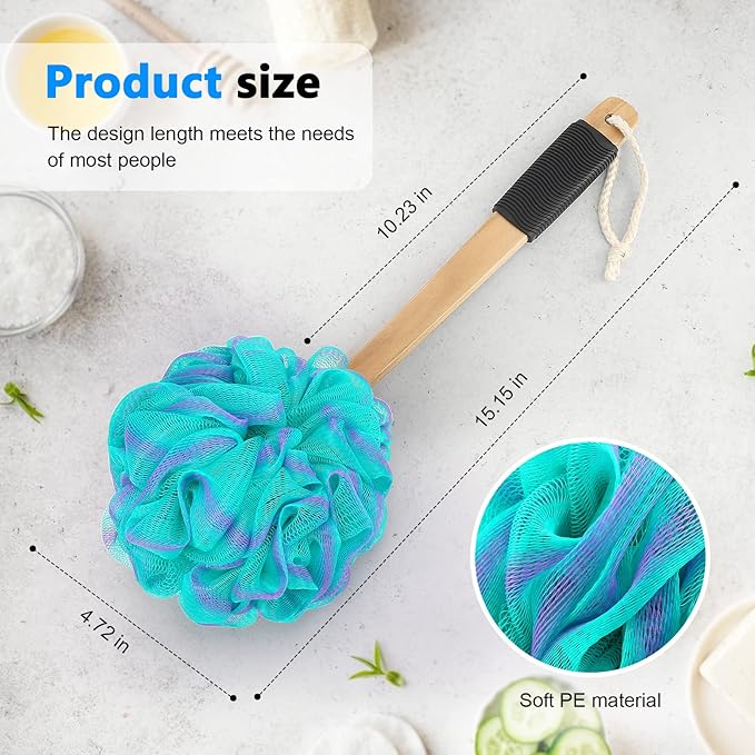 Loofah on a Stick PE Soft Mesh Luffa with Non-Slip Wooden Handle Made of Soft and Sturdy Rubber Material Back Scrubber for Shower for Women and Men with String for Easy Hanging(Green)