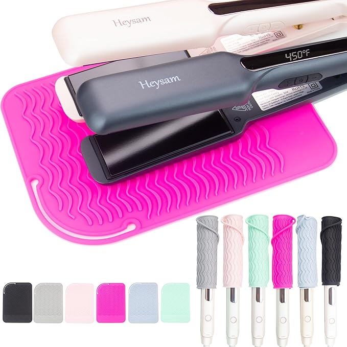 Heysam Professional Heat-Resistant Mat for Straighteners and Curling Irons, Portable Heat Tool Protector, Silicone Material-Protects Your Vanity, Standard Size: 9"x6.5"-Rose Red