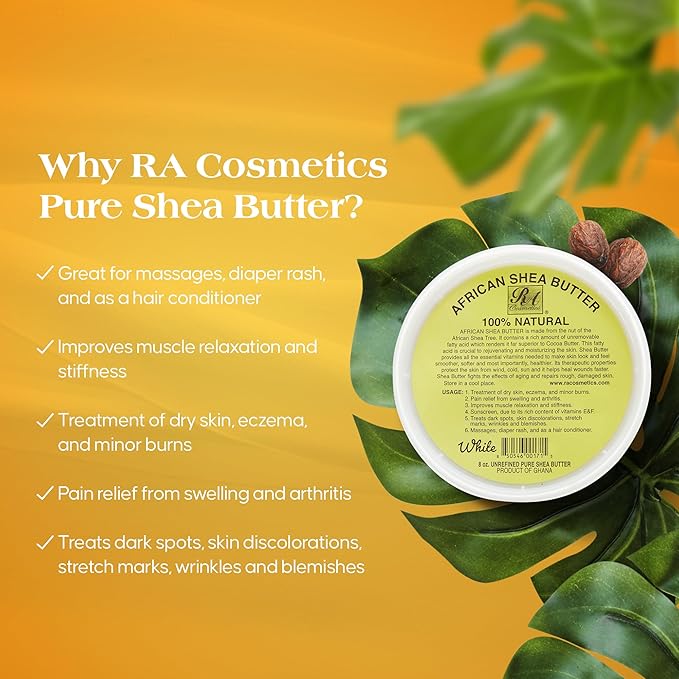 RA COSMETICS 100% Pure Shea Butter, Ivory - 8oz | 100% Pure and Natural Body Butter for Radiant Skin | Ultra-rich Moisturizer for Dry Skin, Stretch Marks, Wrinkles and Blemishes - Sourced from Ghana