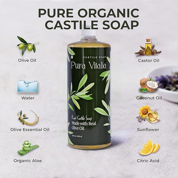 Unscented Organic Castile Soap | Body Wash & Cleanser for Face & Hands | Biodegradable, Eco-Friendly, Palm Oil Free, Vegan & Gentle | Made with 6 Natural Ingredients | 16 oz