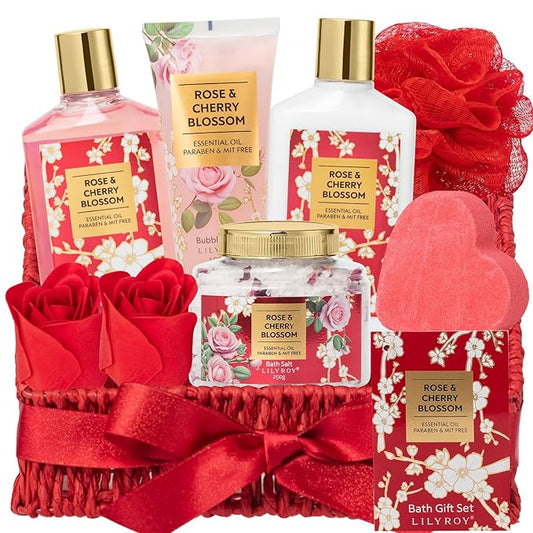 Christmas Gifts for Women, Bath and Body Gift Basket Set for Mothers Day - 9 Pcs Luxury Rose Spa Gift Baskets Set for Women, Gift Set | Perfect Valentine's, Birthday, Gift Sets for Mom All Occasion