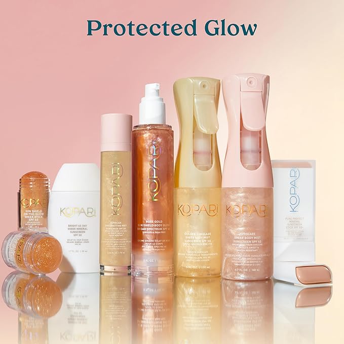 Kopari Sun Shield Body Glow, Broad Spectrum SPF 45, Lightweight Shimmering Gel Texture Absorbs Quickly, Non Sticky, Glowing Results, Rose Gold 5 oz