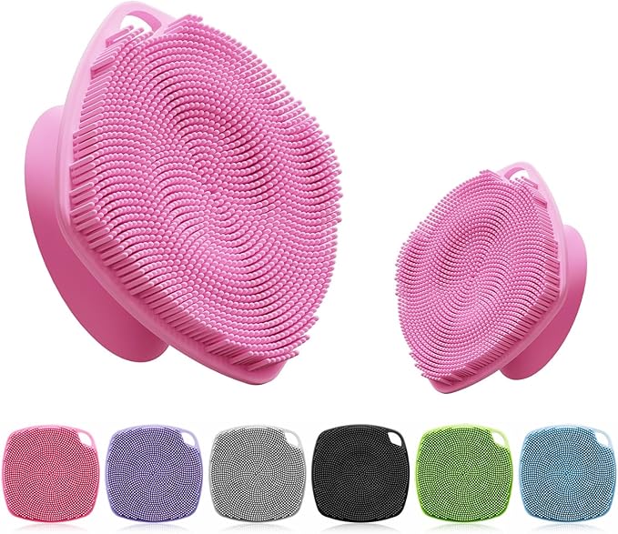 Silicone Body Scrubber with Suction Cup, Gentle Texture Exfoliating Body Scrubber for Men and Women On Sensitive Skin, Build Up Lather, Deep Skin Clean (Body+ Face Scrubber Pink)