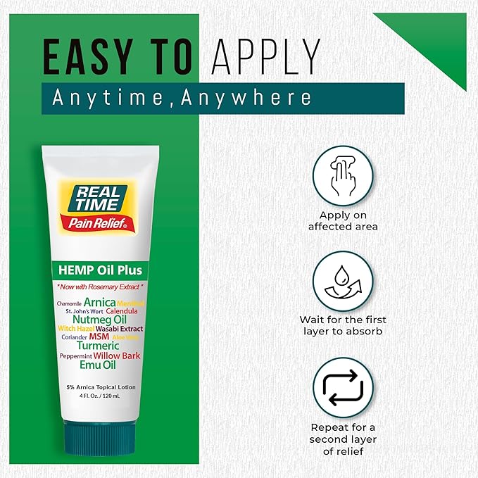 Real Time Pain Relief Hemp Oil Plus 4oz Tube | 20 Natural Ingredients: 5% Arnica & Turmeric | Fast Absorbing Lotion for Muscles, Hands, Feet, Ankles, Back, Shoulders, Knees & Joints Discomfort