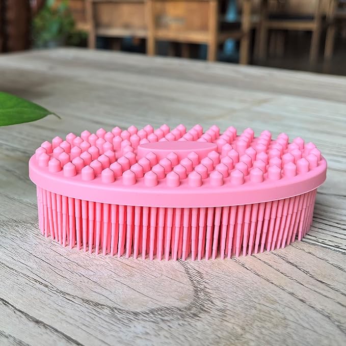 Premium Sensory Brush for Kids or Autism,Soft Silicone Body Scrubber,2 in 1 Sensory Room Occupational Therapy Sensory Brushes,Silicone Loofah,Pet Shower Brush Bath Brush Shampoo Brush(Oval-deep Pink)