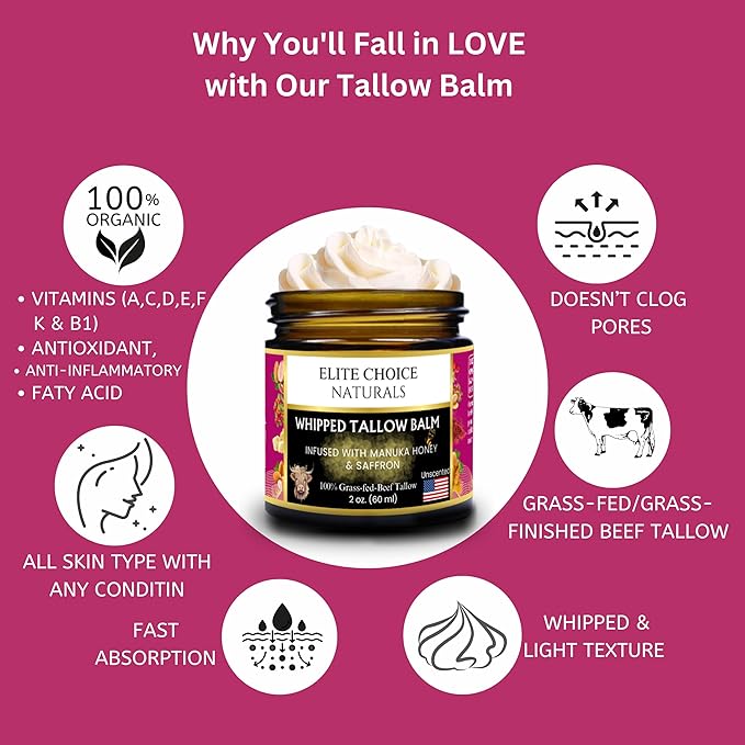 Whipped Tallow Honey Balm – Grass-Fed Beef Tallow infused with Manuka Honey, Rosehip, Jojoba & Almond Oils – No Essential Oils, Nourishing Face, Neck & Body Lotion, 100% Organic (Unscented - 2 oz)