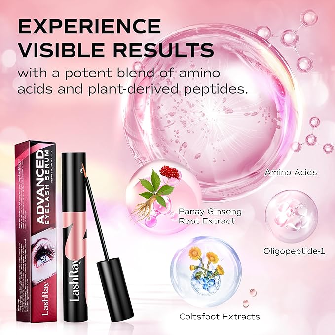 Advanced Lash Serum for Eyelash Growth: LashRay Renewing Eye Lash Enhancing Serum to Grow Longer Thicker Natural Eyelashes for Women, 0.1 oz