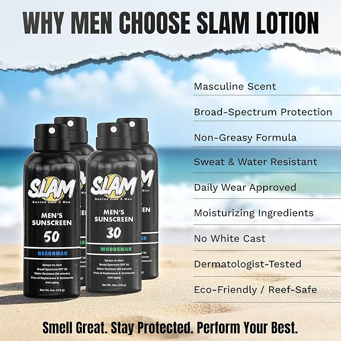 SLAM WoodsMan Men's Scented Sunscreen Spray SPF 30 – Broad Spectrum Sun Screen Spray for Face & Body, Water Resistant & Sweat Resistant Sunscreen, UVA/UVB Protection, Sunblock for Men