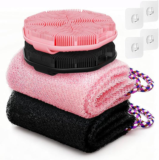 Manmihealth Soft Silicone Body Scruuber & African Bath Sponge Net Set, Gentle-Cleansing Shower Brush & Exfoliating Mesh Combination, Lathering Well Africa Wash Net Shower Scrubber (Black+Pink)