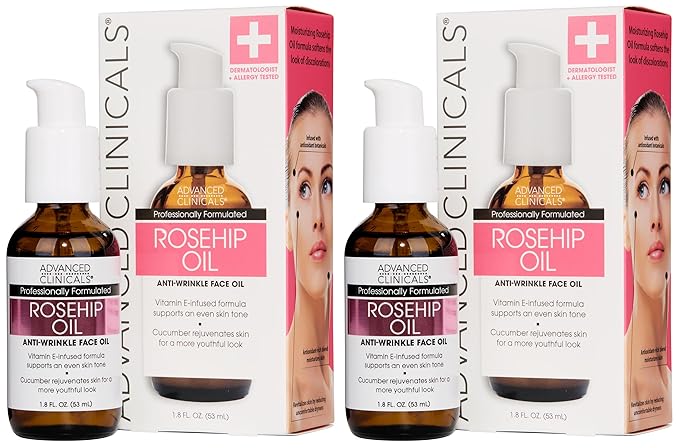 Advanced Clinicals Rosehip Oil For Face With Vitamin E + Botanicals Helps Improve Look Of Dark Spots, Wrinkles, Fine Lines, & Uneven Looking Skin Tone | Moisturizing Skin Care Face Serum, 2-Pack