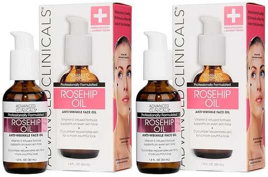 Advanced Clinicals Rosehip Oil For Face With Vitamin E + Botanicals Helps Improve Look Of Dark Spots, Wrinkles, Fine Lines, & Uneven Looking Skin Tone | Moisturizing Skin Care Face Serum, 2-Pack