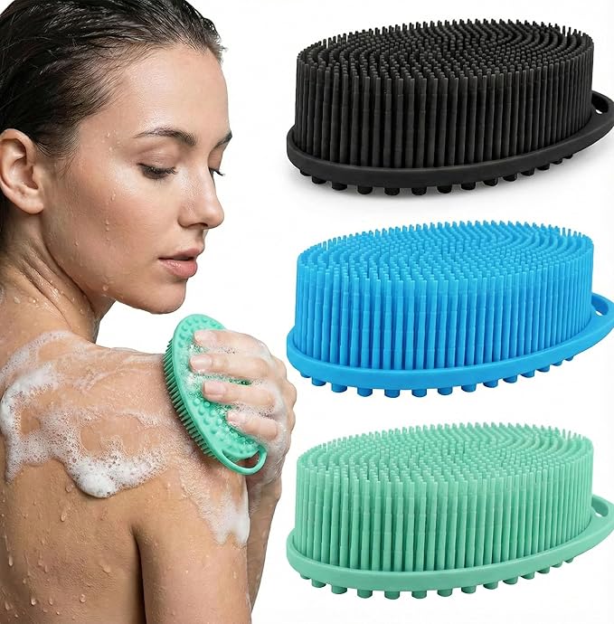 3-Pack Silicone Shower Scrubber for Body – Dual-Sided Loofah Brush with Ergonomic Handle, Fast-Drying Exfoliator – Black, Blue, Green