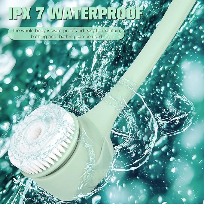 Electric Body Brush Back Scrubber for Shower, Waterproof Long Double-Handled Four-Head Electric Body Scrubber, Rechargeable Bath Brush, for Cleaning, Exfoliation and Skin Massage (Mint Green)