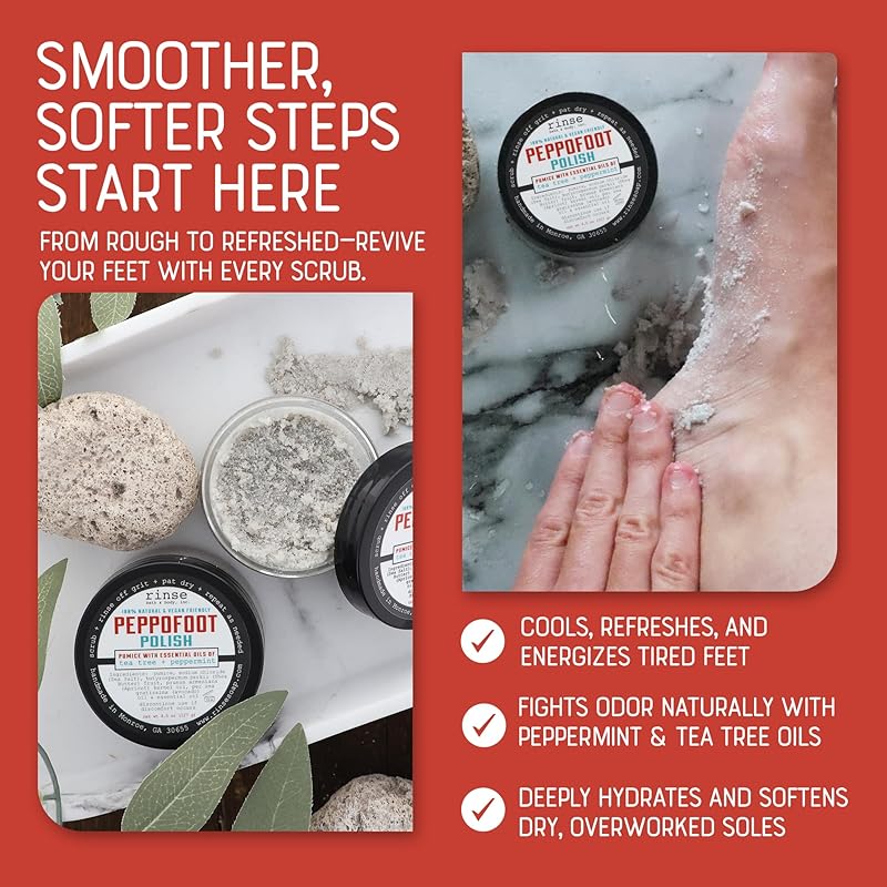 Rinse Bath & Body Peppofoot Peppermint Foot Scrub - Handmade Exfoliating Tea Tree Oil Cooling Foot Scrub w/Peppermint Essential Oil | Shea Butter & Avocado Oil | Cleansing & Refreshing| Natural | 4oz