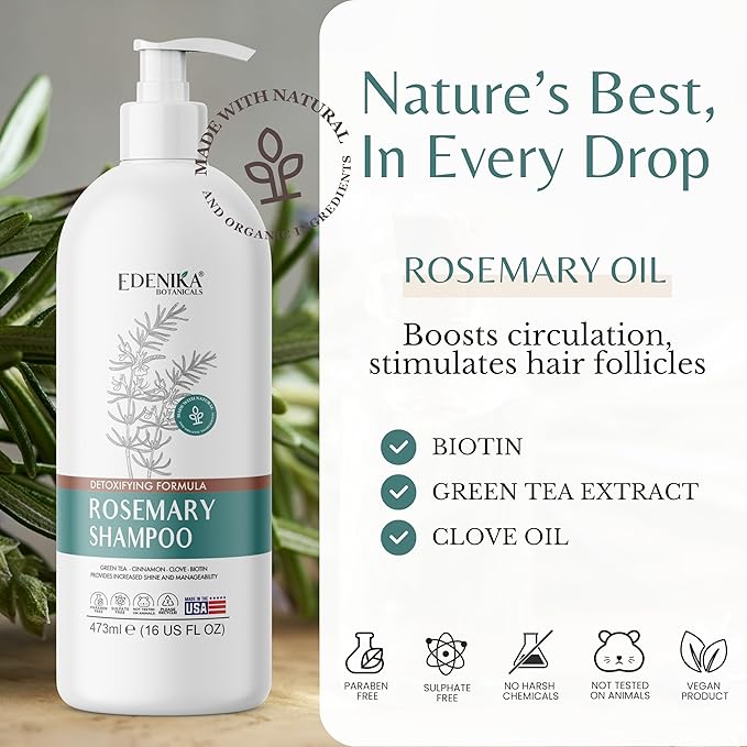 Rosemary Oil Shampoo with Biotin for Thinning Hair & Anti-Hair Loss, Strengthening Botanical Formula, Women & Men, Sulfate-Free, Organic, 16 fl oz