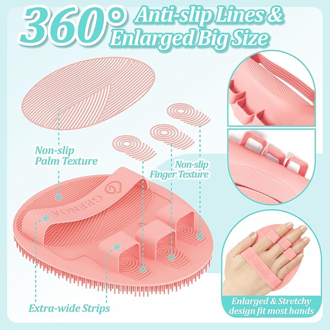 Silicone Back/Face Scrubber & Bath Glove Set 3PCS, Extendable Back Scrubber with Dual-Side Large Head, 360° Anti-Slip Bath Glove, Unique Side-Bristle Face Scrubber for All-Round Cleaning(Pink)