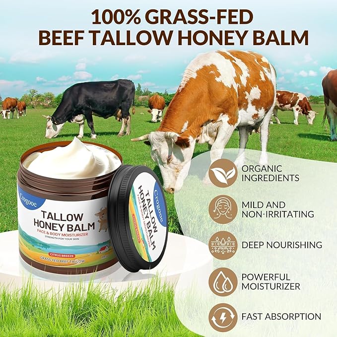 Beef Tallow for Skin - 100% Grass Fed - Whipped Tallow and Honey Balm，Moisturizer Cream for Face & Body -Natural Organic Formula for Dry & Sensitive Skin (Citrus Breeze) (4 oz)