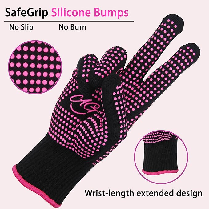 ANGENIL 2 Pcs Heat Resistant Gloves with Silicone Bumps, Heat Gloves for Hot Hair Styling, Professional Heat Proof Glove Suitable for Flat Iron Hair Straightener, Curling Wand and Thermal Brush, Pink