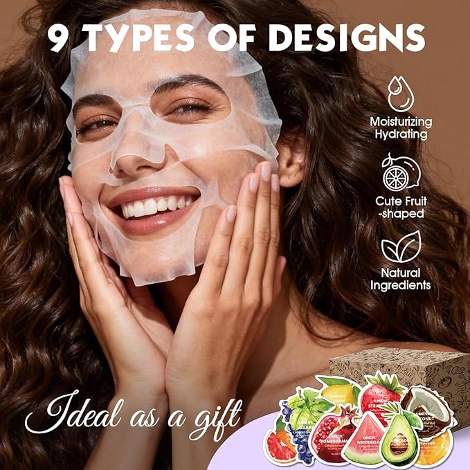 72 Pack Fruit Shaped Sheet Face Mask, Stocking Stuffers for Women, Collagen Hydrating Face Masks Skincare for All Skin Types, Bulk Christmas Gifts and Spa Party Gifts(9 Types x 8 Pcs)