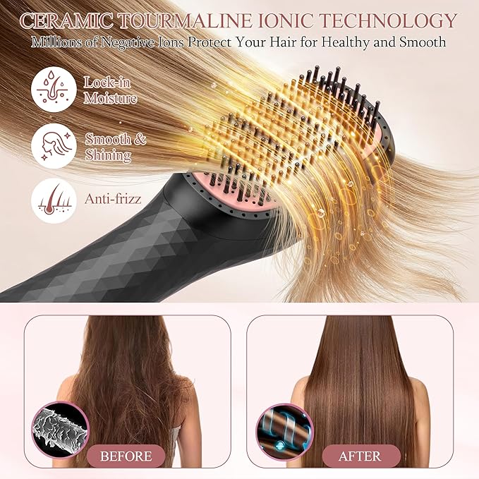 3-in-1 Hair Dryer Brush Straightener, Professional 1200W Ionic Blow Dryer Brush with Ceramic & Tourmaline Technology, 3 Heat/2 Speed Settings One Step Hair Dryer & Styler for All Hair Types