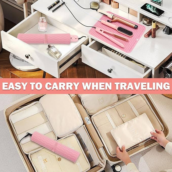 Oversize Silicone Heat Resistant Mat for Curling Irons, Hair Straighteners, Flat Irons and Hot Hair Styling Tools, Portable Wrap Pad Cover for Vanity, Travel, Salon(14.2" x 11.0")