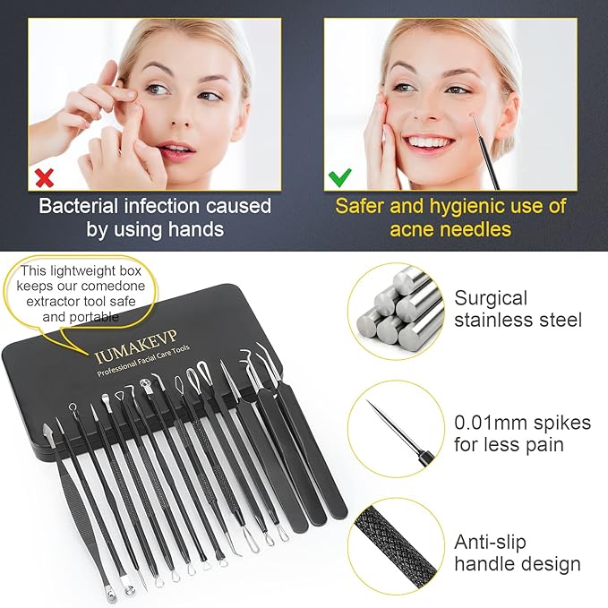 Pimple Popper Tool Kit, IUMAKEVP 15 PCS Professional Stainless Steel Blackhead Remover Comedone Extractor Tools for Removing Pimples, Blackheads, Zit on Face - Acne Removal Kit with Metal Case (Black)