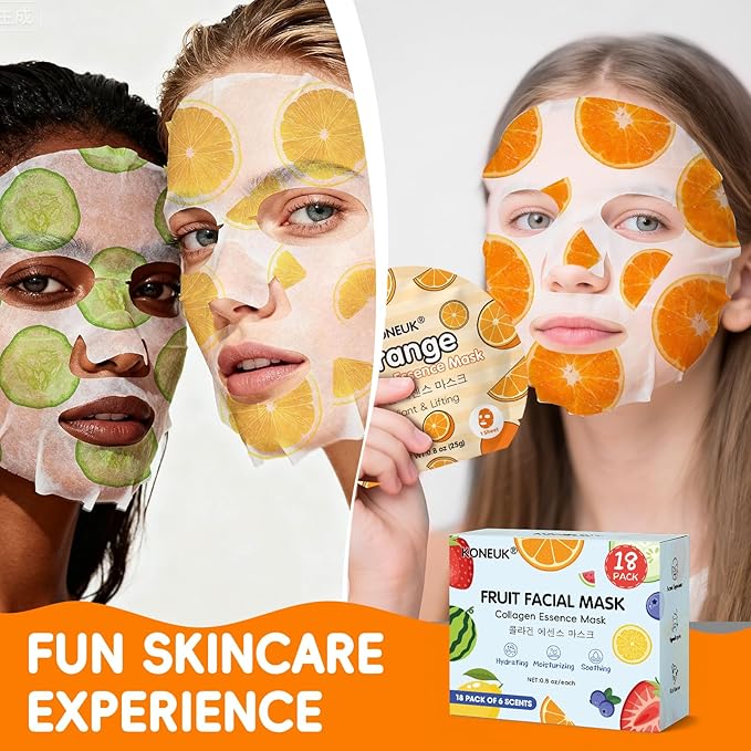 18 Pack Colorful Fruit Face Masks Skincare for Women, Bulk Sheet Hydrating Facial Mask for All Skin Types, Collagen Face Mask for Skin Care, Christmas Gifts, Stocking Stuffers and Spa Party Gifts