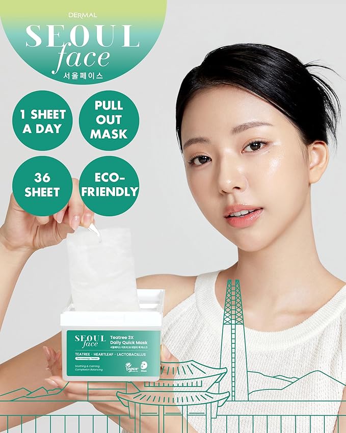 DERMAL Seoul Face Teatree 3X Daily Quick Mask 36 Sheet – Korean Skincare Vegan Tencel Facial Masks - Calming, Soothing, Blemish Control Face Mask Sheets with Heartleaf Extract, Lactobacillus