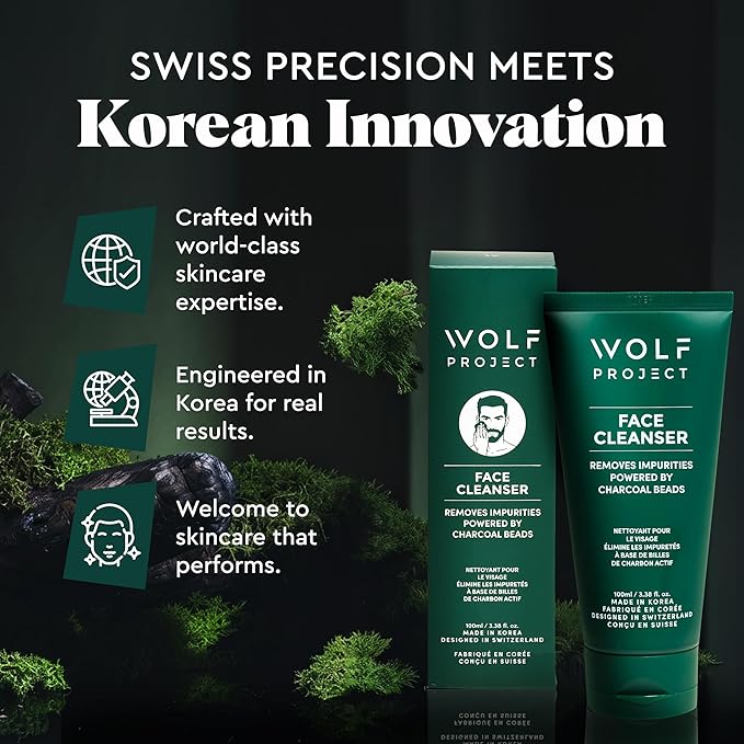 Wolf Project Activated Charcoal Beads Korean Face Wash - Charcoal Face Cleanser with Oil Control Prevents Acne, Deeply Cleanses, Hydrates and Moisturizes Skin. Natural Facial Cleanser