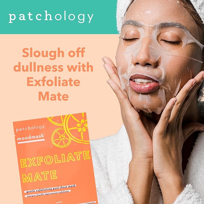 Patchology Exfoliate Mate Face Mask - Exfoliating Facial Sheet Masks w/Papaya & Lactic Acid Serum, Removes Dead Skins & Unclogs Pores for Smooth & Brighter Skin - Ultimate Skincare Solution (4 Count)